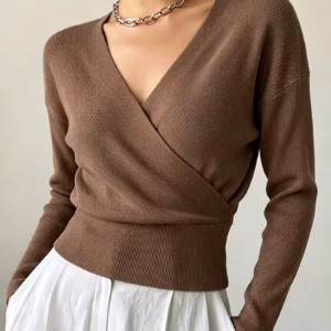 Elegant Ribbed Knit Cross-Front V-Neck Sweater