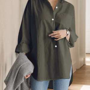 Oversized Olive Button-Down Tunic Shirt