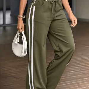 Olive Green Striped Wide-Leg Track Pants