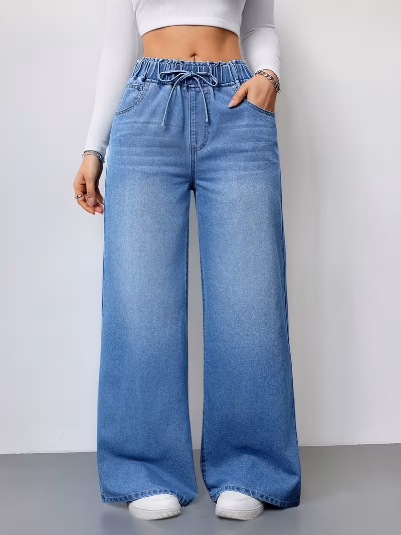 Drawstring Waist Wide-Leg Jeans